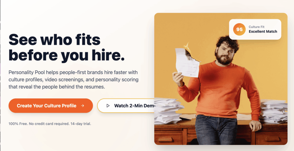 Screenshot of home page of small business Personality Pool. Tagline is "See who fits before you hire." Buttons say "Create Your Culture Profile" and "Watch 2-Min Demo."